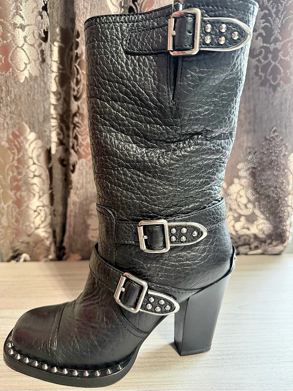 Miu Studded Buckle Heeled Boots Black EU 36